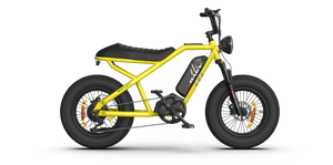 eMOTO RAEV Bullet V2 electric e-moto style eBike-Moto 500W electric pit bike, side view, black frame with rugged tires and minimalist design