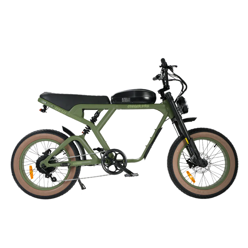 eMOTO eBike Revi Cougar Pro in Wild Green color, side view, displayed outdoors