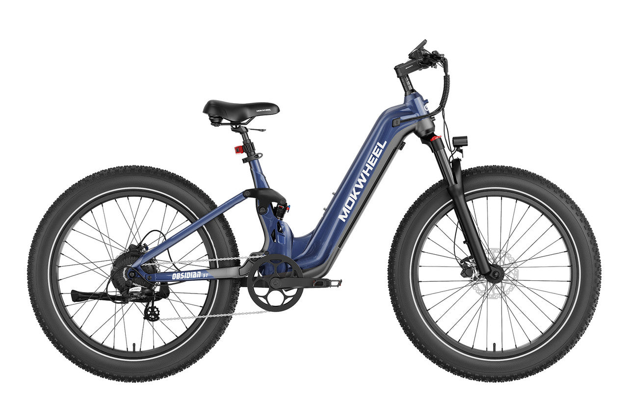Blue-grey Mokwheel Obsidian ST eBike, side view, product image on a grey background.
