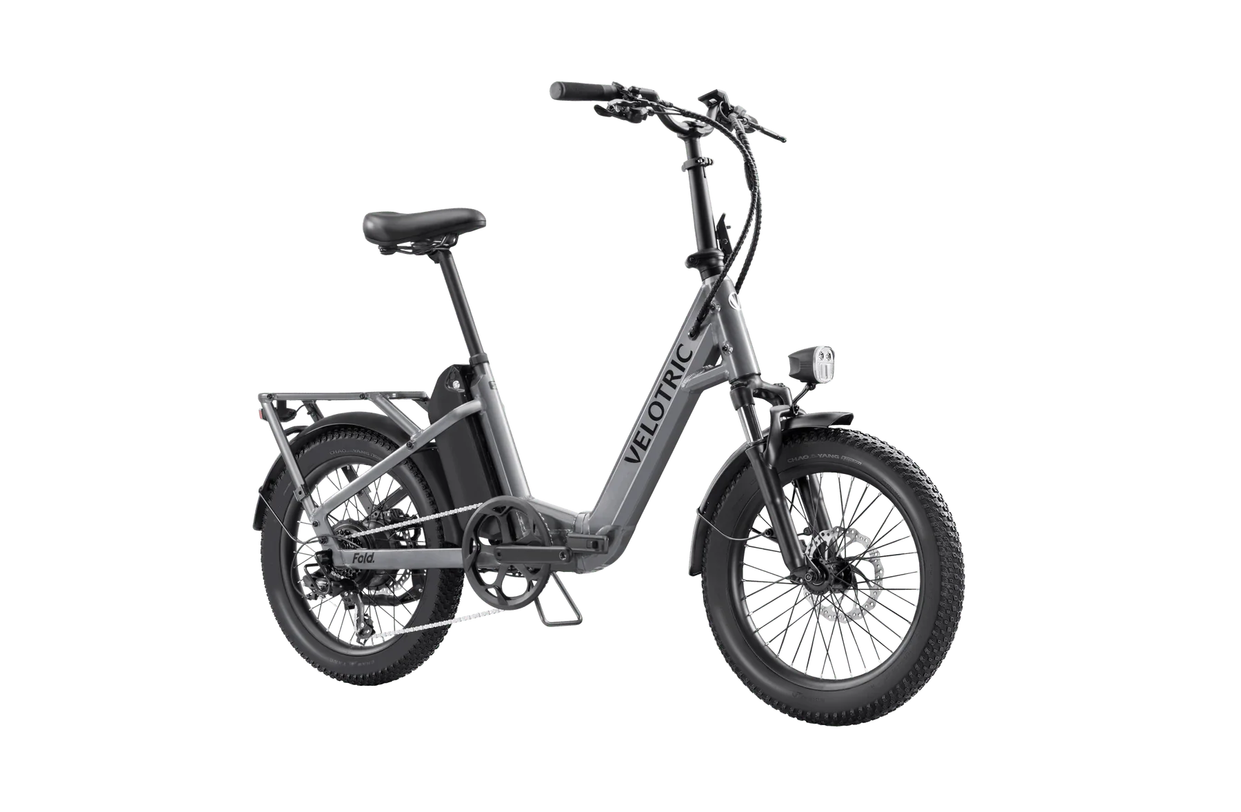 A compact, foldable Velotric Fold 1 eBike in matte black, shown fully assembled with its handlebars and frame folded for easy storage.