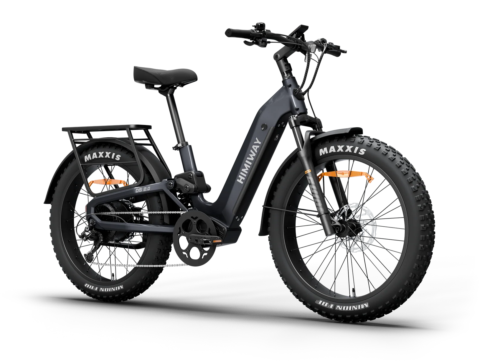 Side view of the Himiway D5 2.0 ST eBike in space grey, showcasing its step-through frame, battery compartment, and wide tires against a plain background.