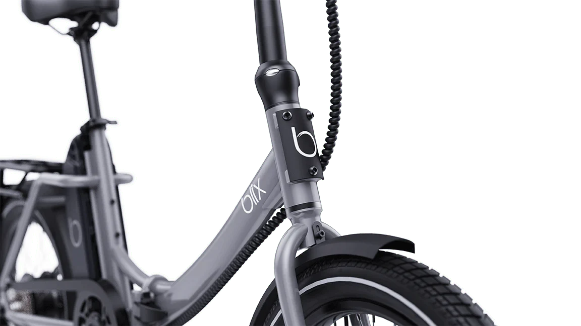 Red Blix Vika X electric folding step-thru eBike with 500W motor, compact design, shown folded.