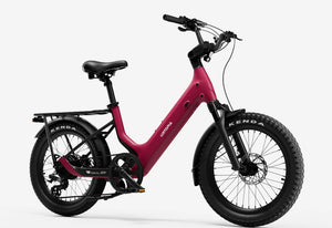 Side view of the Urtopia Carbon Joy eBike in Rose Red, showcasing its lightweight carbon frame, sleek design, and integrated battery against a plain background.