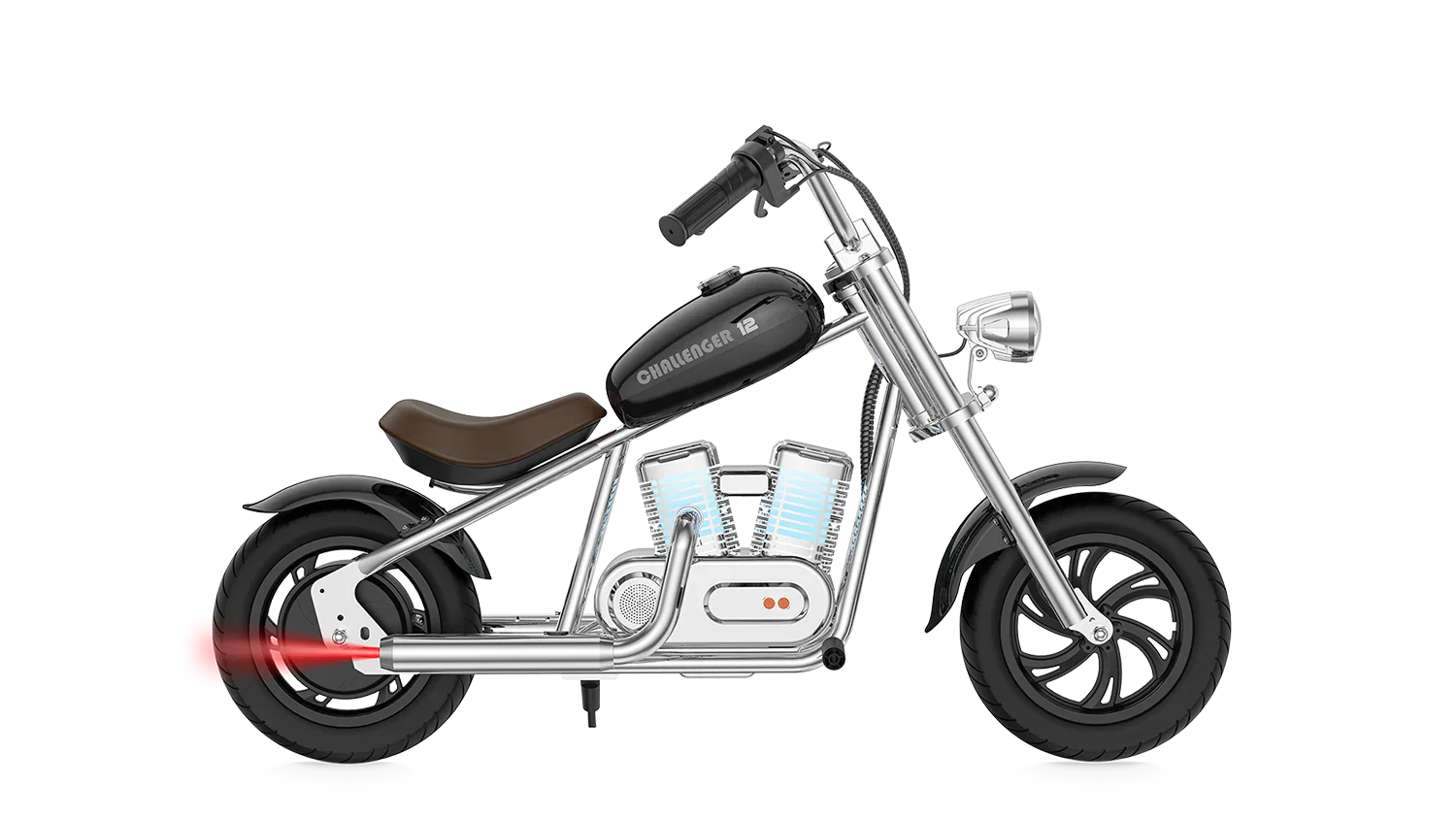 Black eMOTO Hyper Gogo Challenger 12 Plus electric bike with app connectivity, side view, on a white background