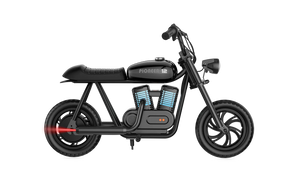 Black eMOTO Hyper Gogo Pioneer 12 Plus electric bike without training wheels, side view on white background