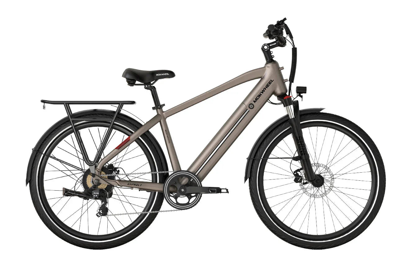 Tan MOKWHEEL Asphalt 500W Step Over urban electric beach cruiser eBike with 27.5x2.4 tires, shown from the side.