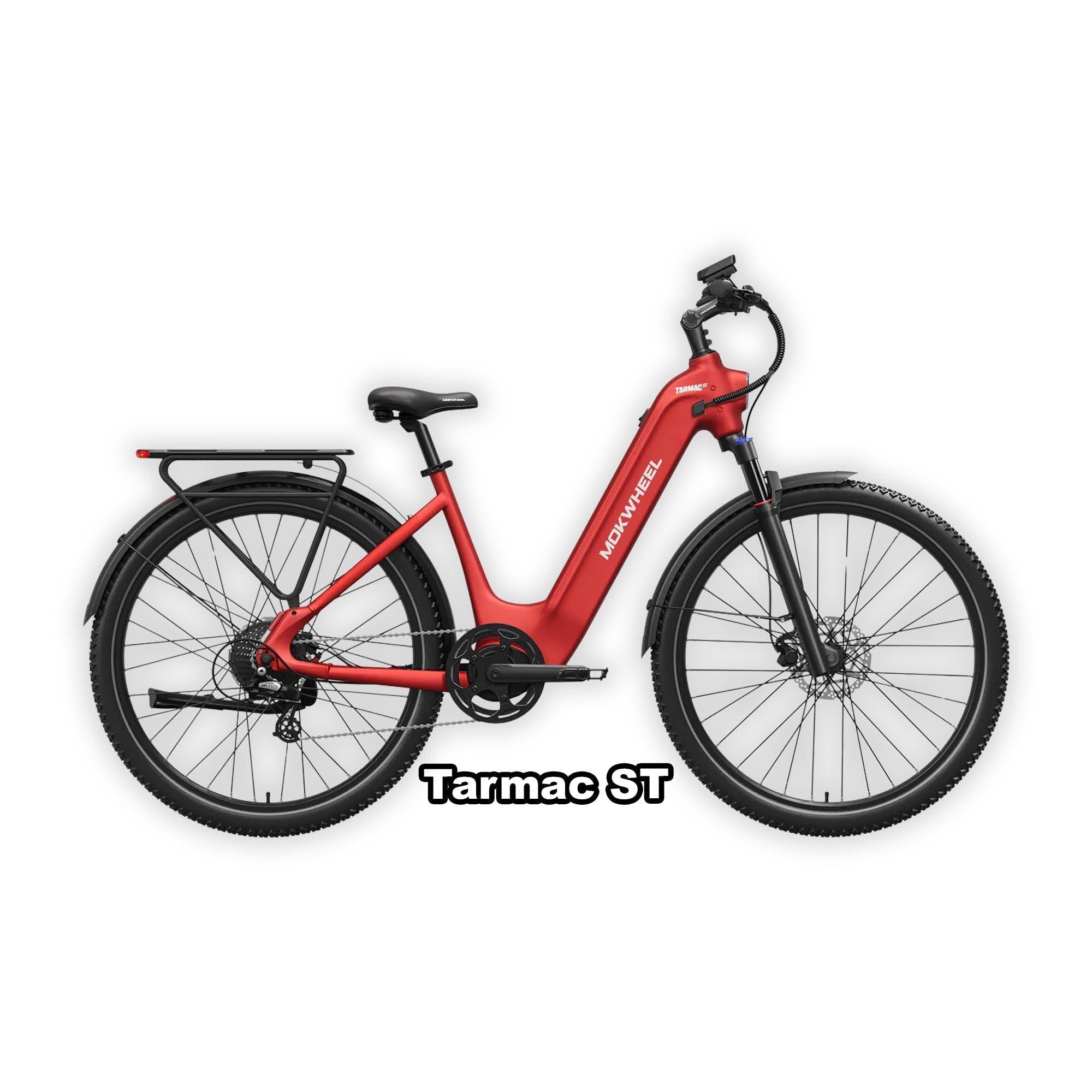 Crimson red Mokwheel Tarmac ST eBike with step-through frame, side view, product image