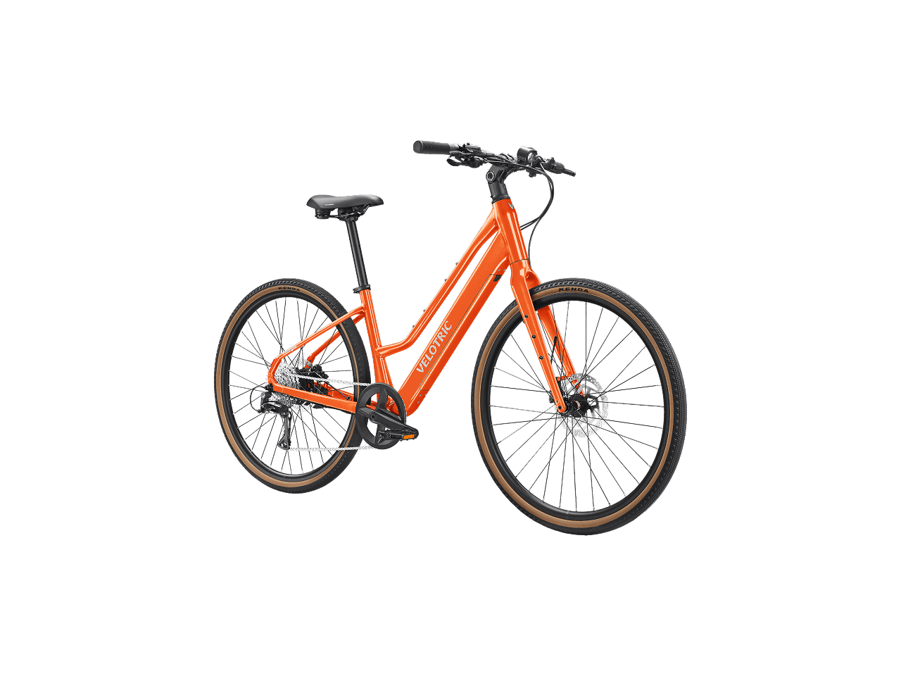 Velotric Tempo Mid Step eBike in Sunset Tangerine color, side view, against a plain background
