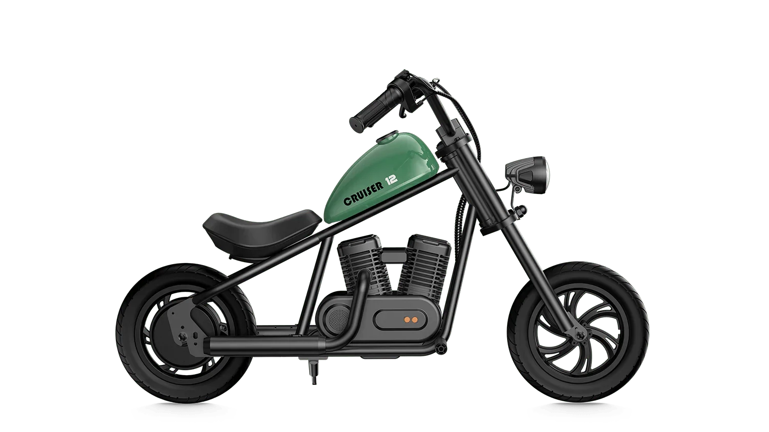 Blue eMOTO Hyper Gogo Cruiser 12 electric bike with and without training wheels, and green model, product code 650518