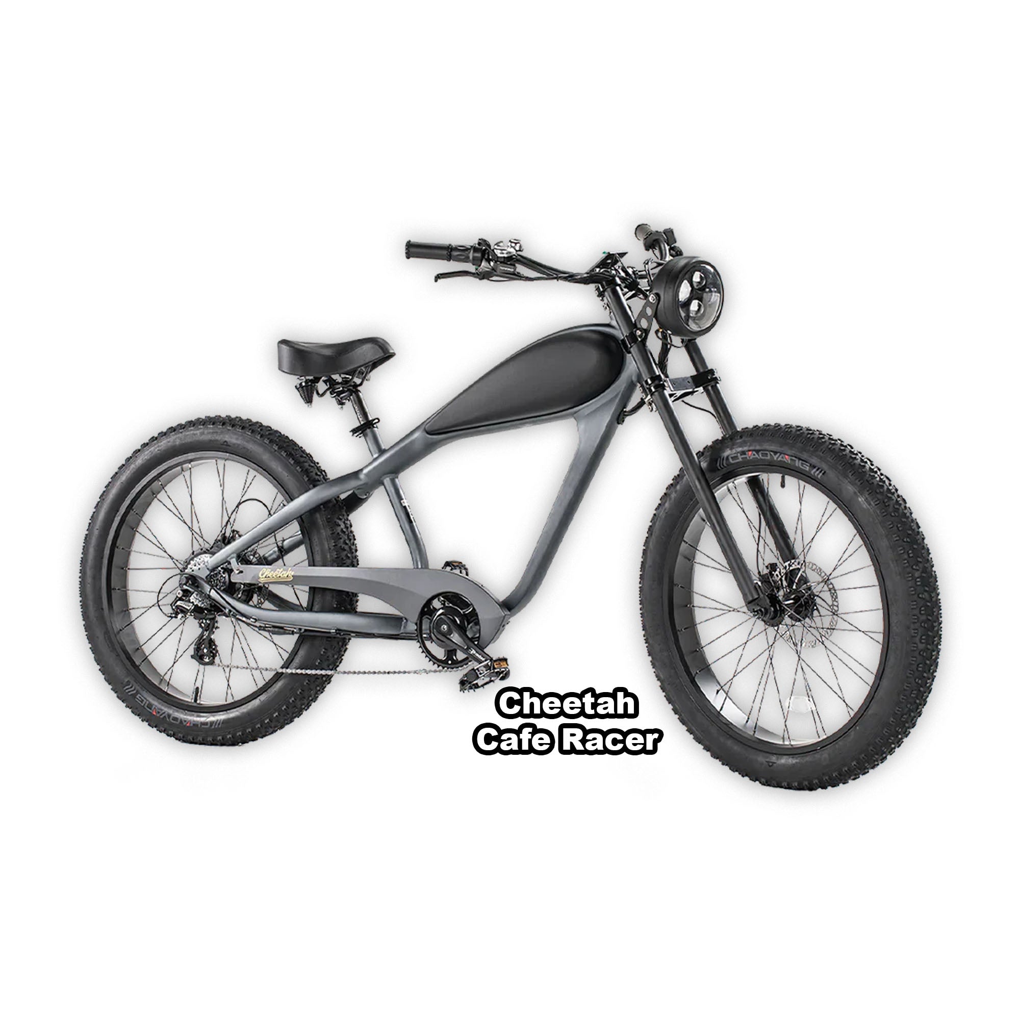 eBike Revi Cheetah Cafe Racer in platinum and black color, displayed in its box