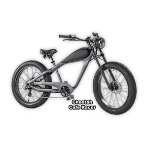 eBike Revi Cheetah Cafe Racer in platinum and black color, displayed in its box