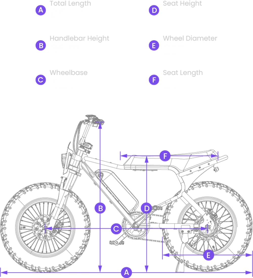 Alt text: Size guide for the Macfox X7 e-bike, showing bike dimensions and measurements for frame, seat height, handlebar height, and wheelbase.