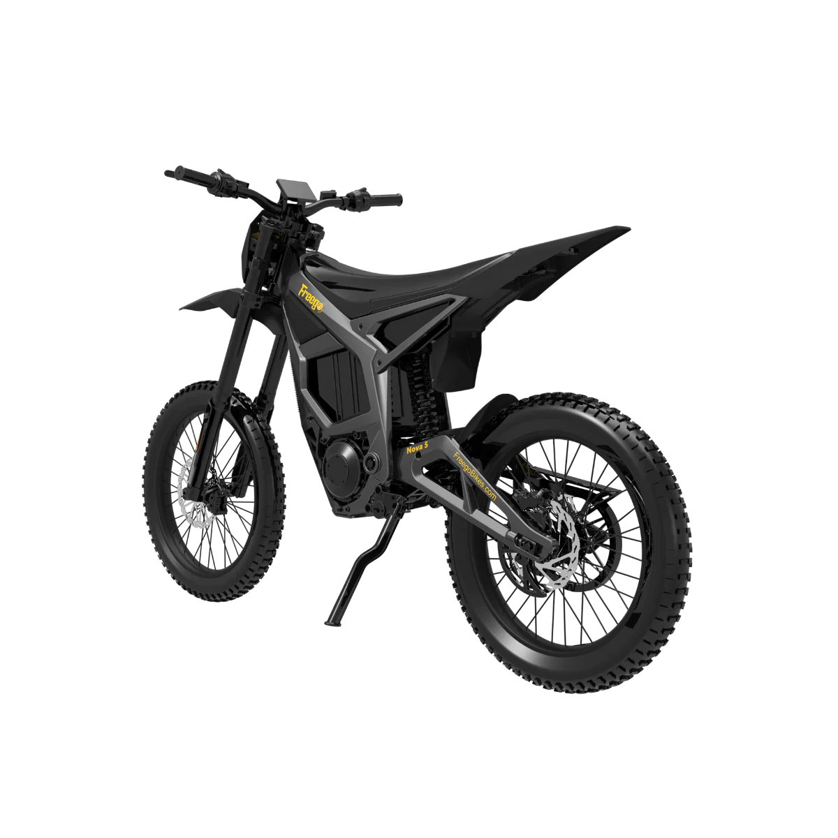 Side view of a black Freego Nova 5 eBike showing its frame, wheels, and battery compartment against a plain background.