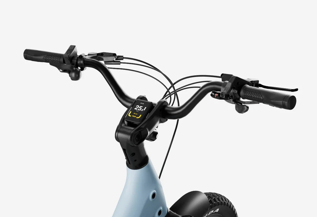 Side view of the Urtopia Carbon Joy eBike in Glacier Blue, showcasing its lightweight carbon frame, sleek design, and integrated components against a plain background.
