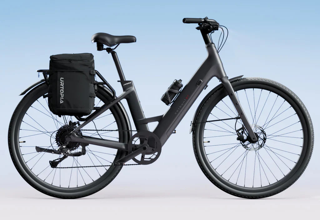 Side view of the Urtopia Carbon 1 Step Thru eBike in black, showcasing its lightweight carbon frame, step-through design, and integrated display on the handlebars.