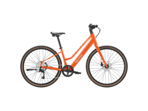 Velotric Tempo Mid Step eBike in Sunset Tangerine color, side view, against a plain background