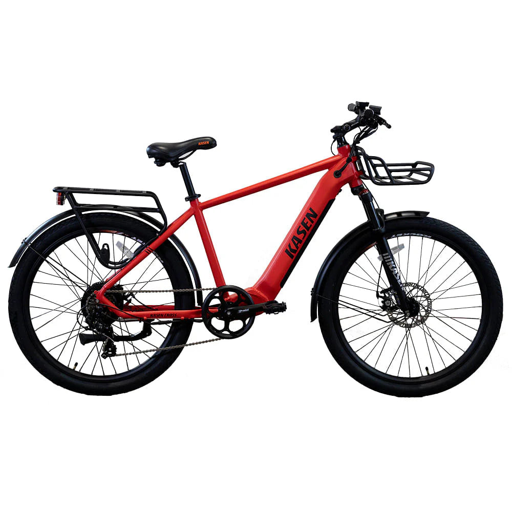Red KASEN Cross 500W Step Over Urban Electric Bike with 27.5x2.4 tires, parked on a city street.