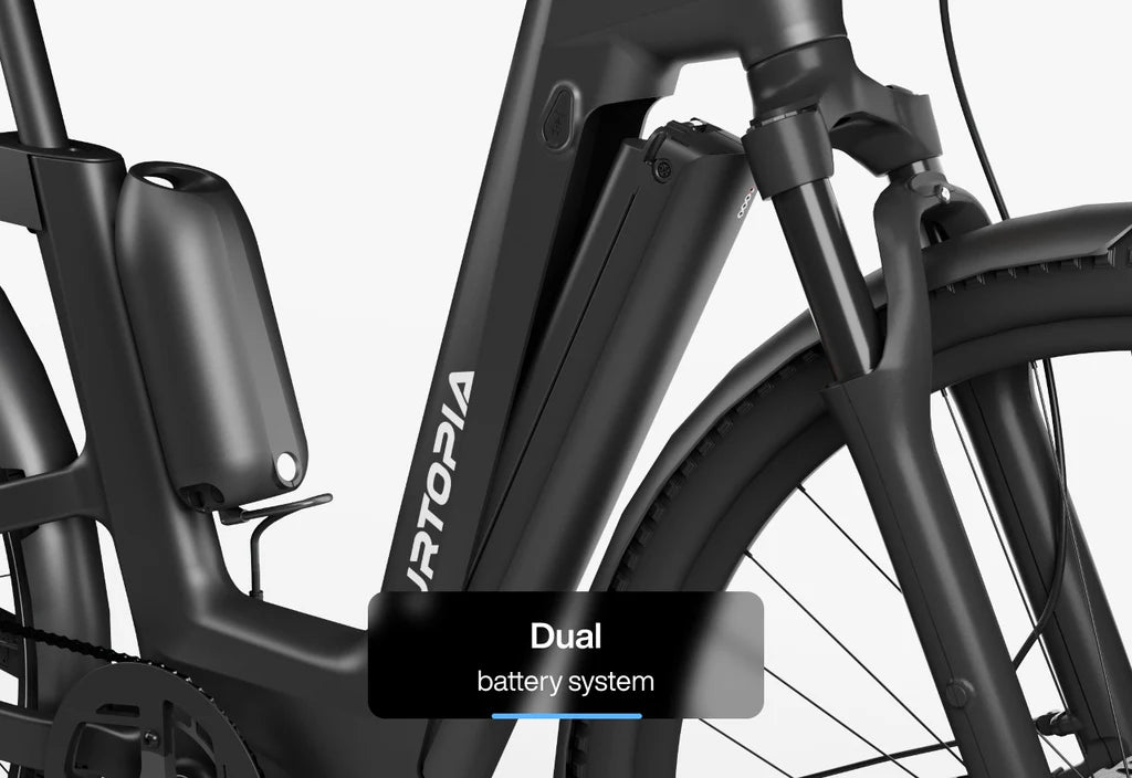 Side view of the Urtopia Carbon Fusion Pro eBike in Blazing Black, showcasing its sleek carbon frame, integrated battery, and modern design against a plain background.
