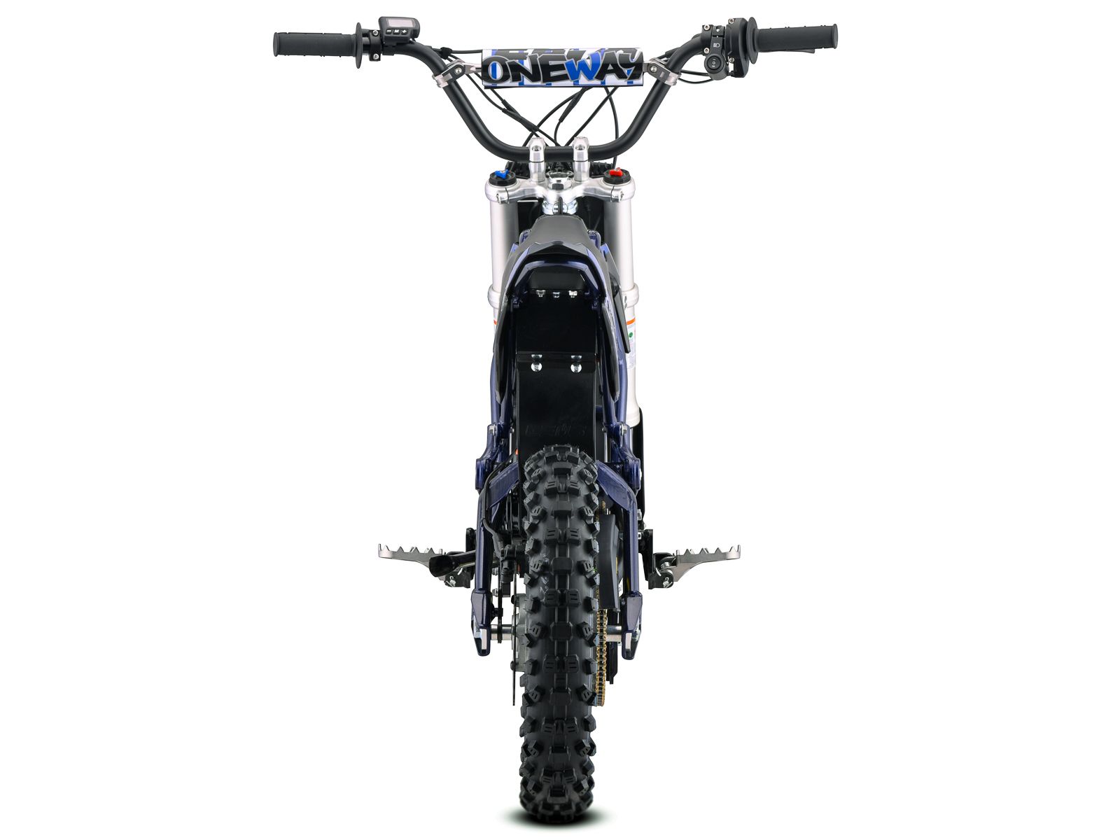Side view of the eMOTO Stomp Ebox V3 72 RS electric dirt bike, showcasing its frame, wheels, and suspension against a plain background.