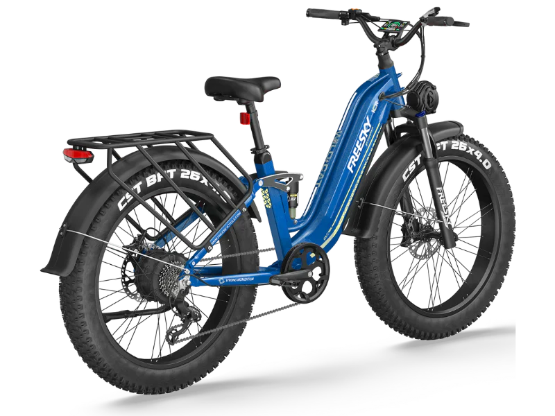 Side view of the Freesky Wild Cat Ultra A-340 eBike in black, showing its fat tires, front suspension fork, and battery integrated into the frame.