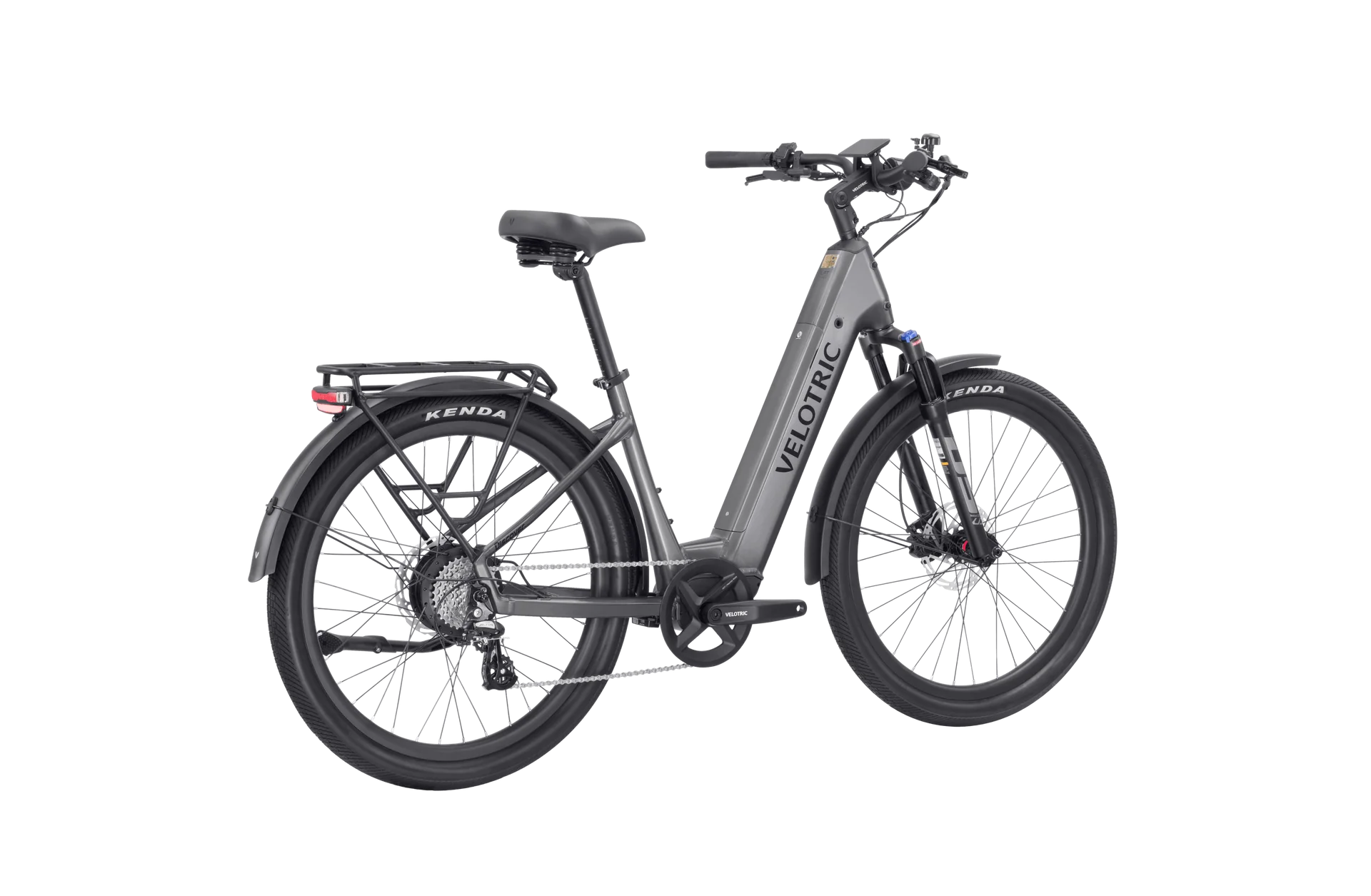 Velotric Discover 2 electric bike in Stone Gray, side view, against a plain background