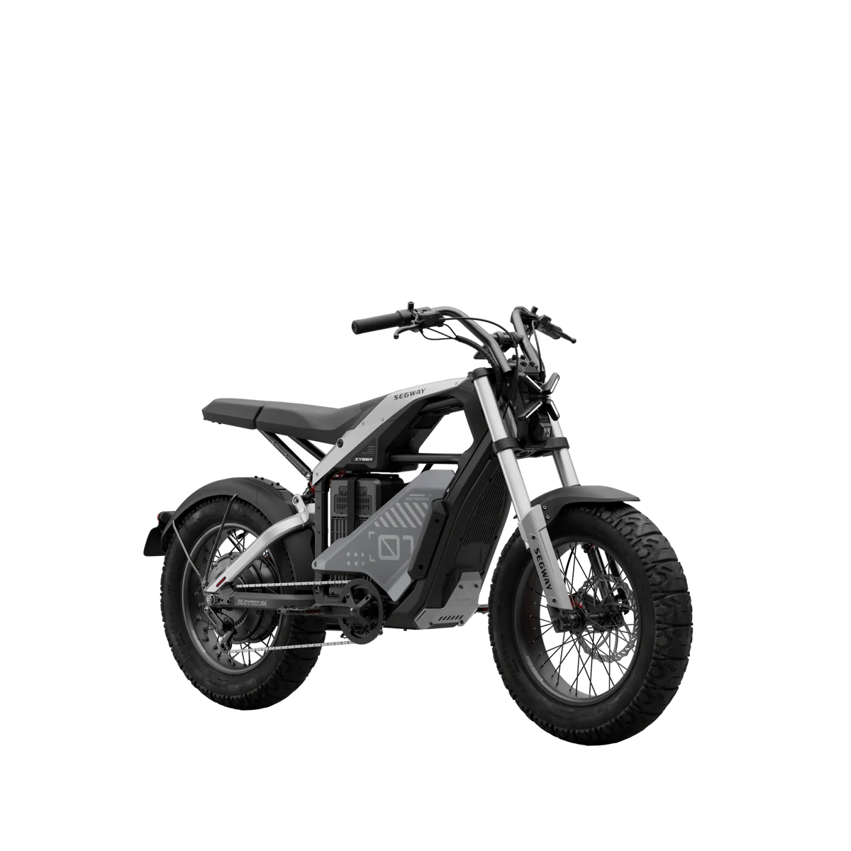 Side view of the eMOTO Segway Xyber electric bike in a studio setting, showcasing its rugged frame, large tires, and modern design features.