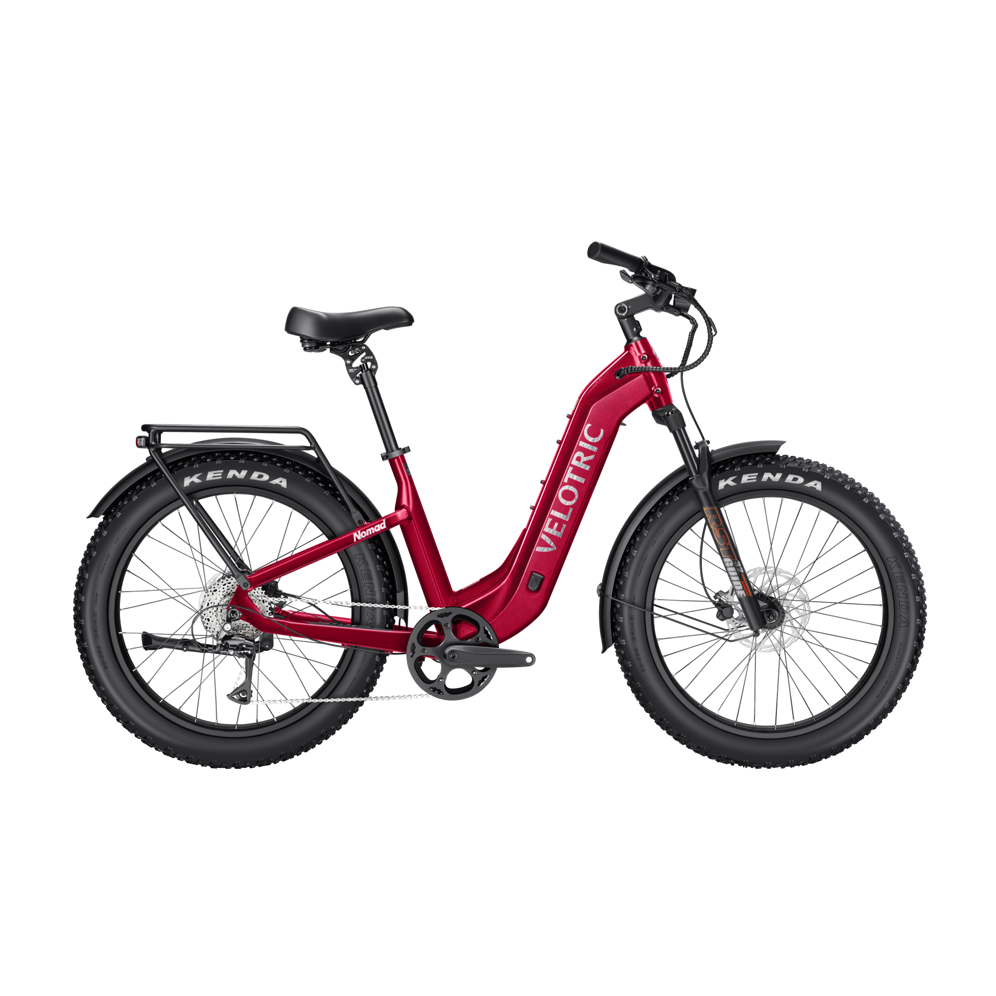 Velotric Nomad 2 electric bike in cranberry red, side view, against a white background