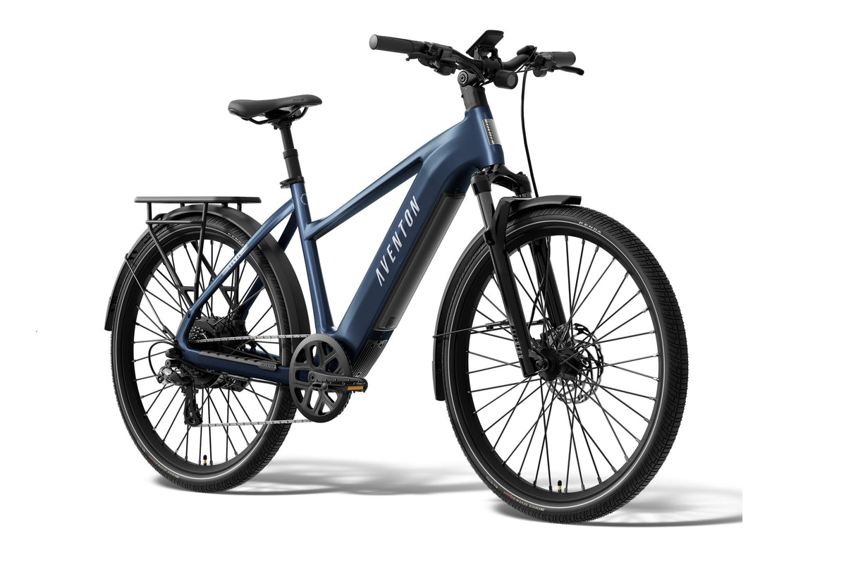 Aventon Level 4 REC electric bike, step-over frame, matte storm blue color, side view on white background