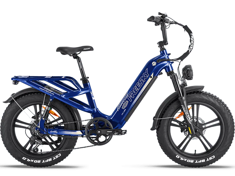 Blue Freesky Rocky Pro A-320 electric bike, side view, showcasing frame design and components