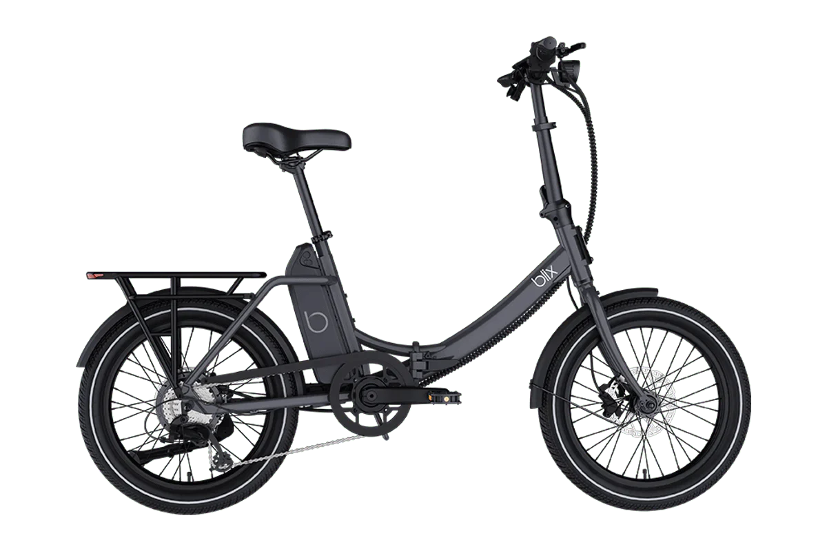 Blix Vika X electric folding step-thru eBike in gray, 500W compact design, product image