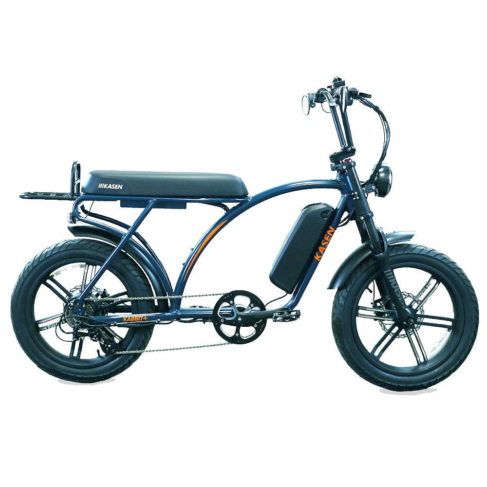 Blue Kasen Kabbit PLUS eBike side view, showing step-through frame, black wheels, and rear cargo rack.