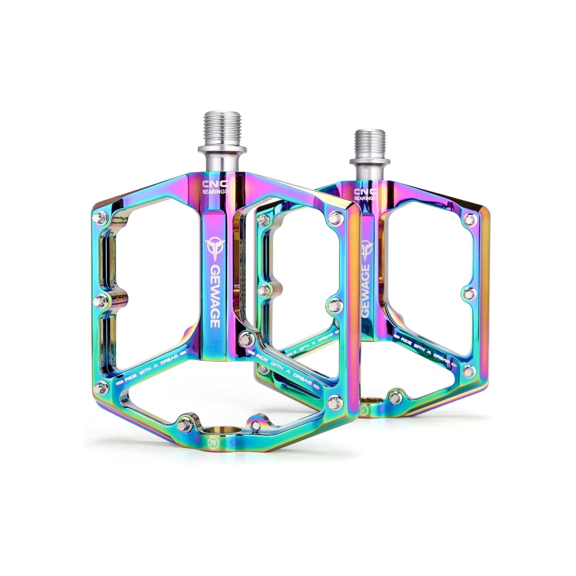 A pair of alloy eBike pedals with a rainbow finish, featuring a textured surface and multiple grip pins for secure footing.