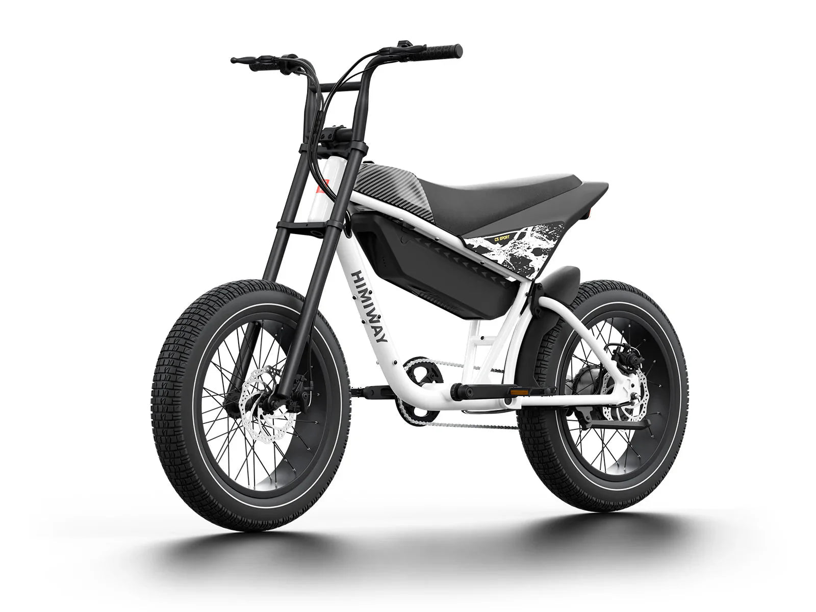 White eMOTO HIMIWAY C5 Sport 750W step-over e-moto style electric bike with 20x4 fat tires, side view on white background