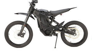 eMOTO eRide Pro SS 3.0 electric dirt bike in black and red, side view, featuring a 72v 6000W motor, off-road tires, and a modern frame design.