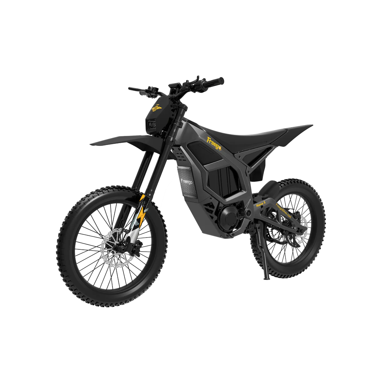 Black Freego Nova 5 electric bike, side view, against a white background