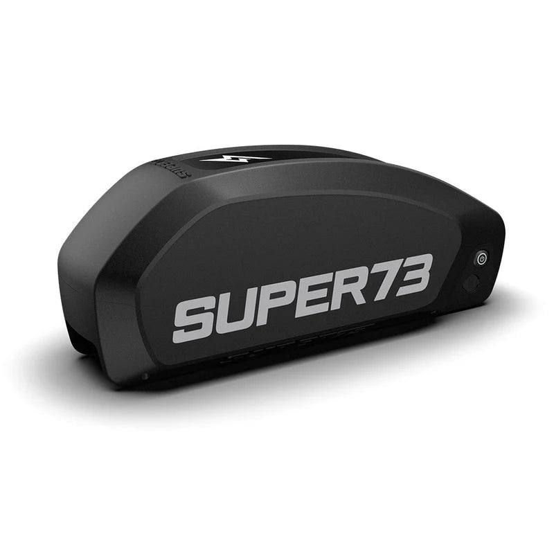 A black 48V 20Ah eBike battery designed for the Super73 S2 and R Series, shown from a side angle with visible connection ports and branding.