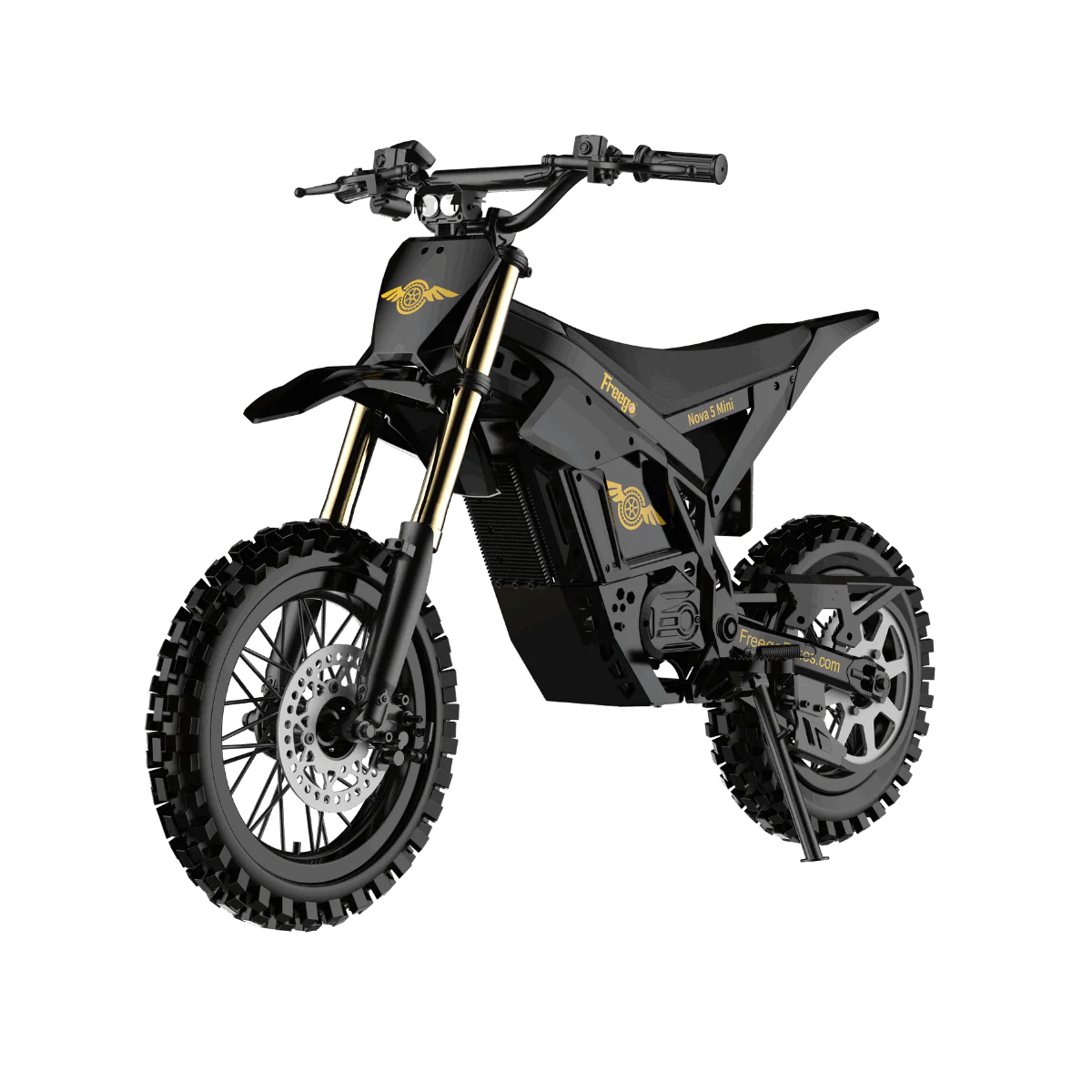 A compact black eBike Freego Nova 5 Mini with a step-through frame, small wheels, and a rear rack, displayed on a white background.