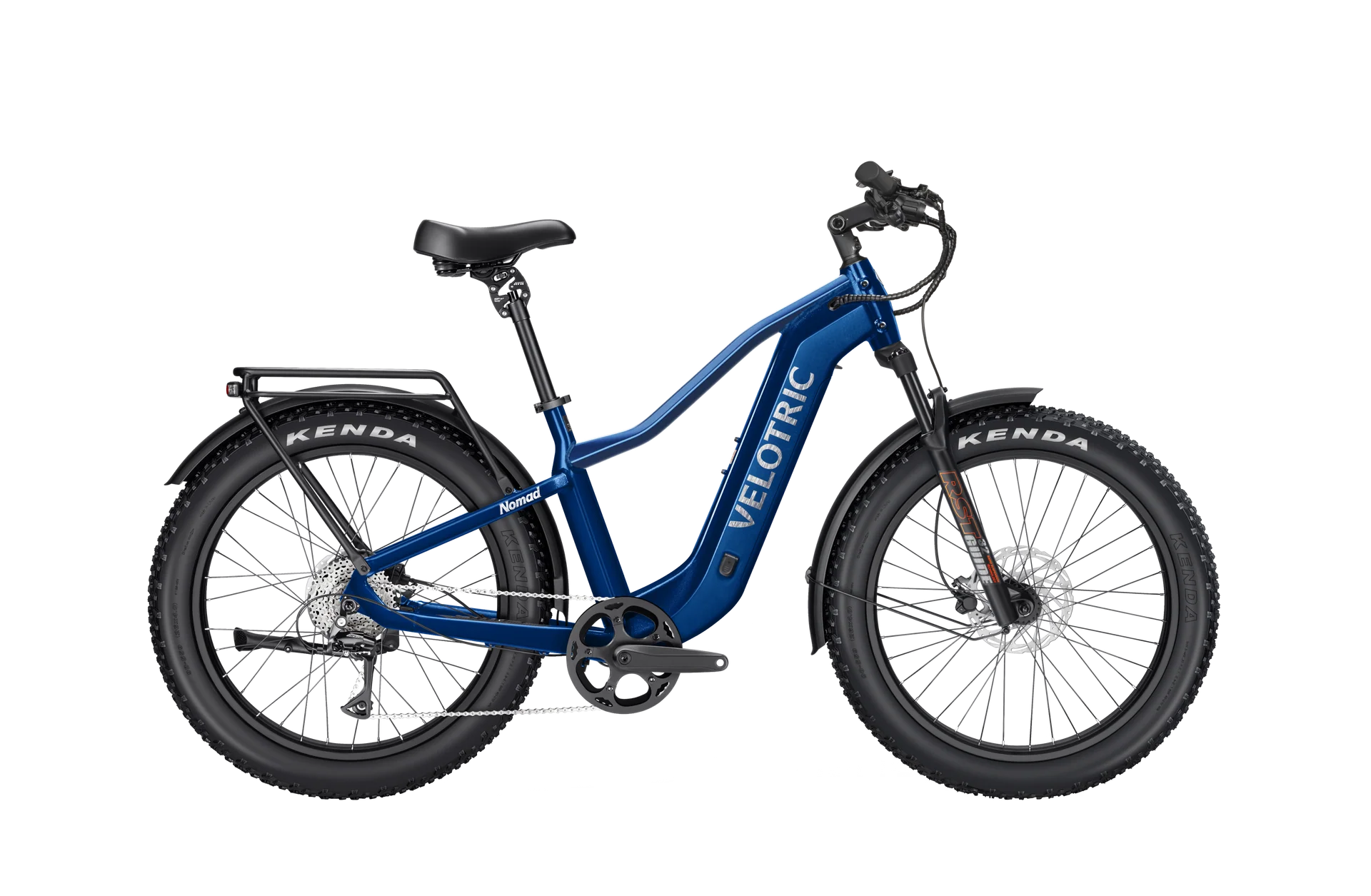 Velotric Nomad 2 eBike in Midnight Blue, high-step frame, side view against a white background