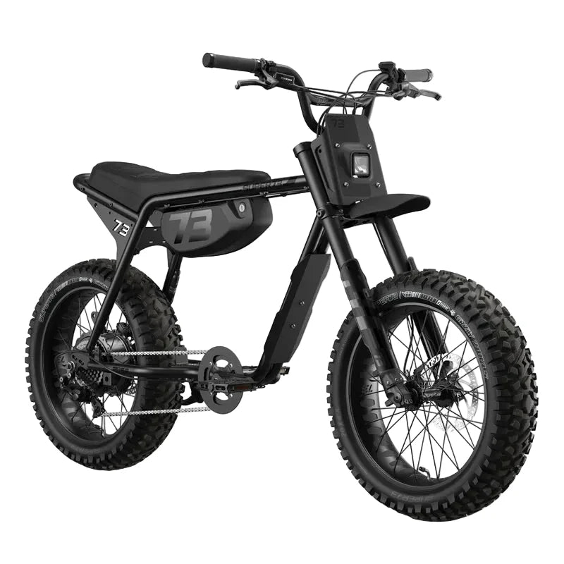 Side view of the Super73 Z Adventure Series SE eMOTO eBike in a showroom, highlighting its rugged frame, thick tires, and matte finish.