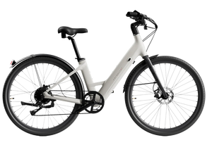 Urtopia Carbon Classic Step Thru eBike in creme color, side view, showcasing lightweight carbon frame and step-through design