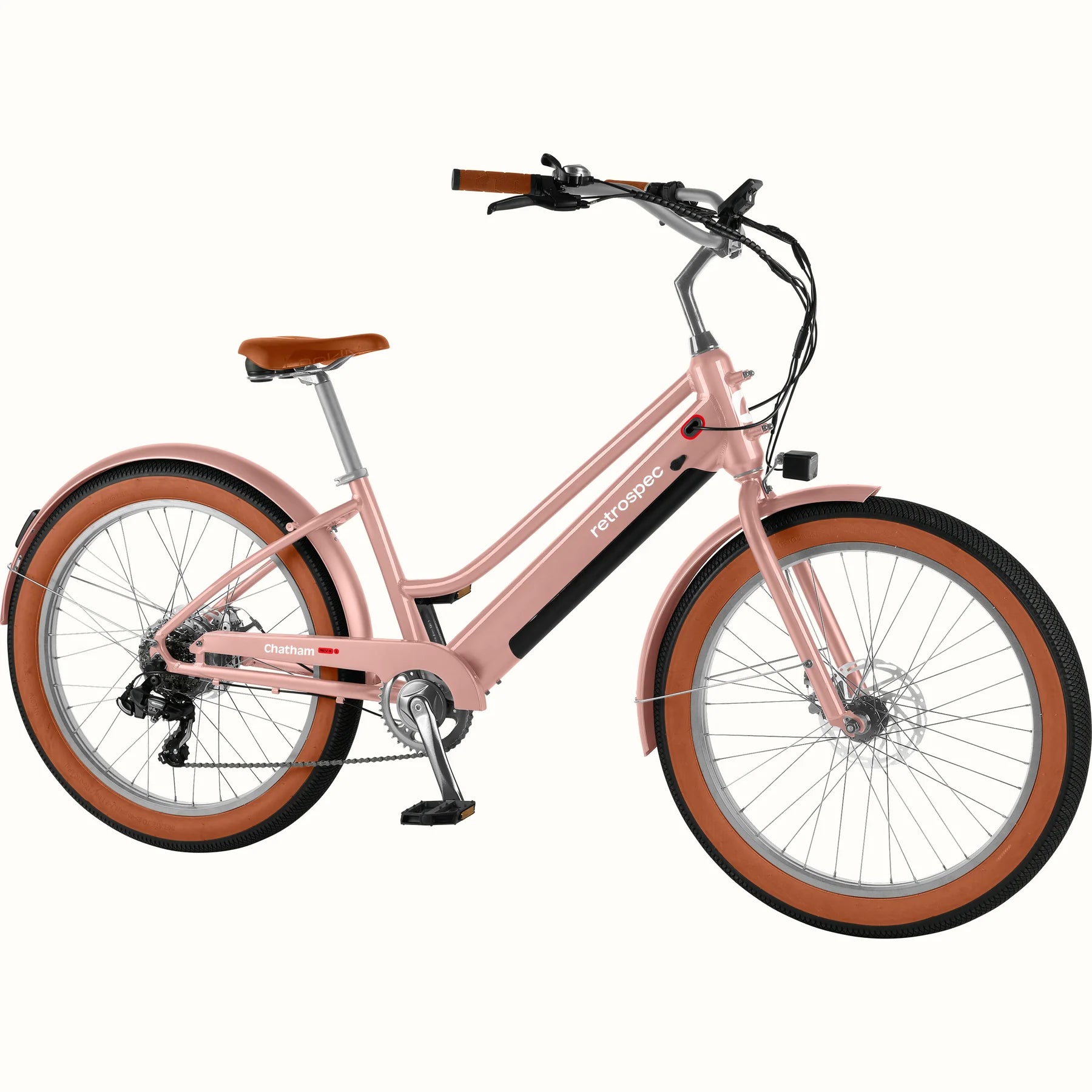 Retrospec Chatham Rev Plus 2 eBike in mauve, step-through frame, side view