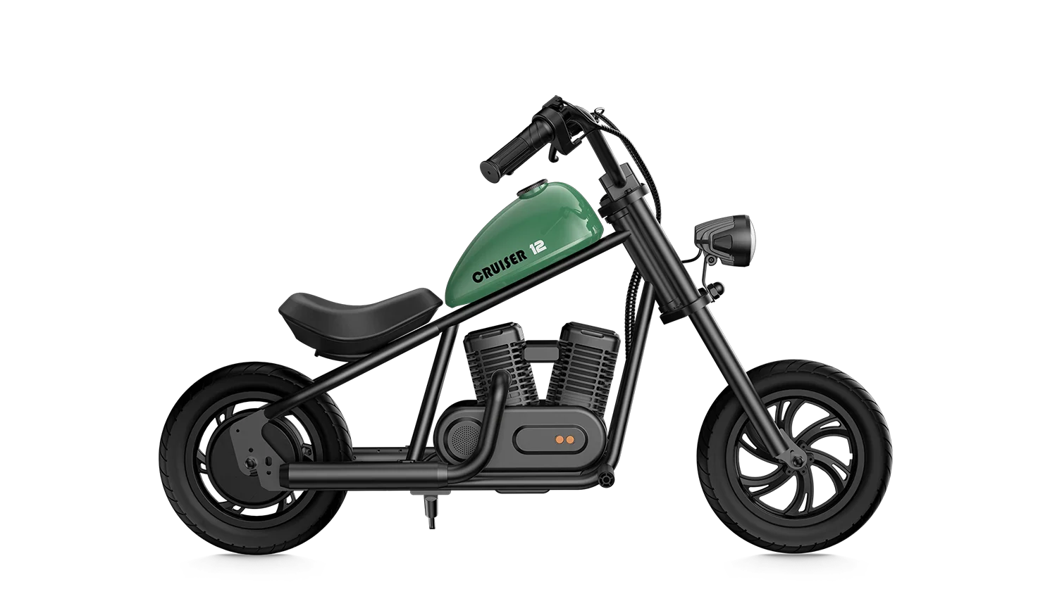 Green eMOTO Hyper Gogo Cruiser 12 electric bike, side view, displayed on a white background
