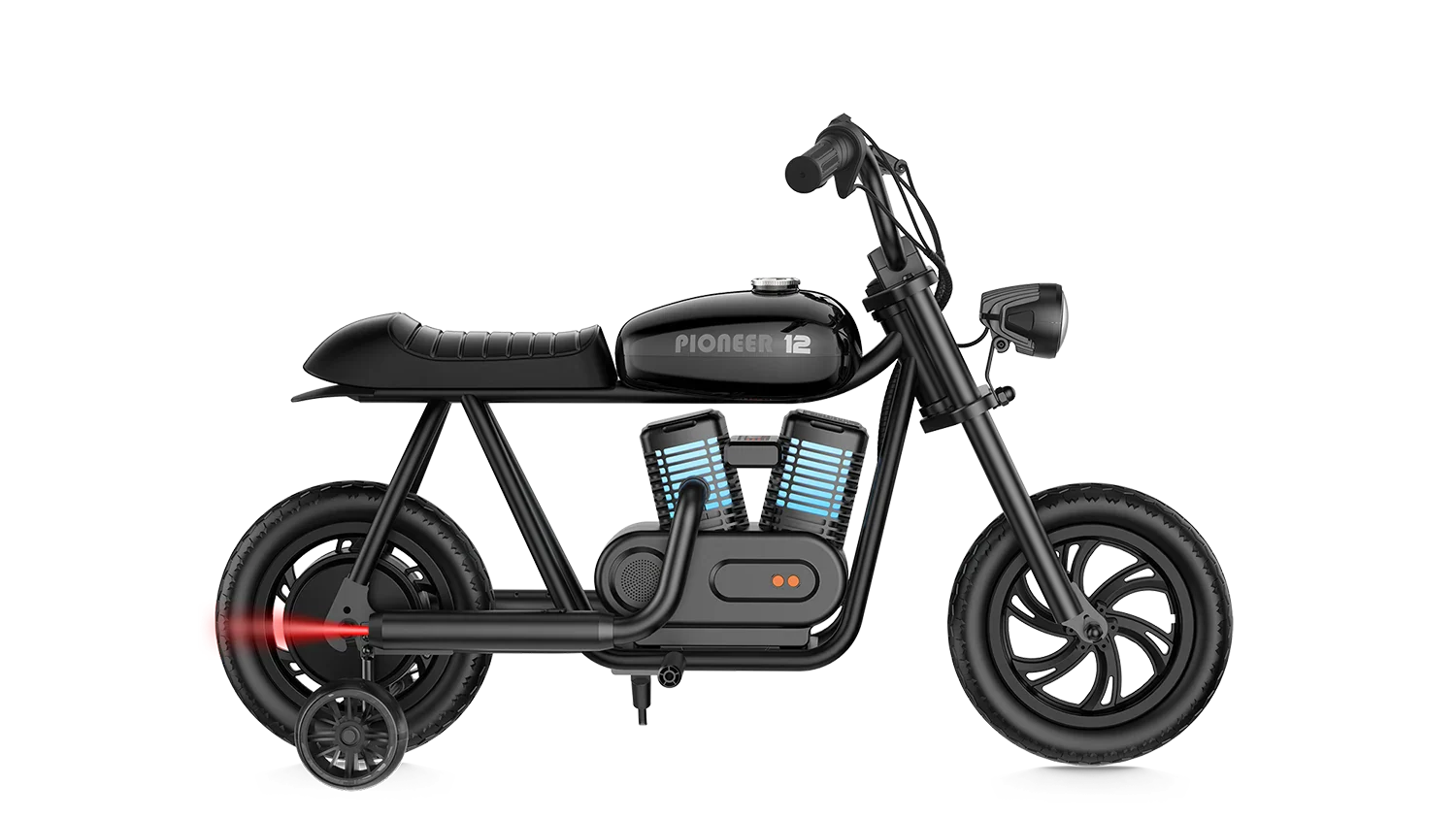 Black eMOTO Hyper Gogo Pioneer 12 Plus electric bike with training wheels, side view