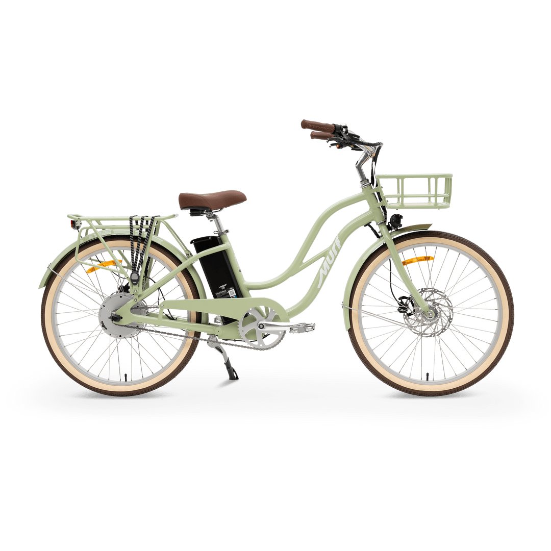 Sage green eBike MURF Gigi Cruiser with step-through frame, wide tires, and rear rack, side view on white background.