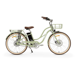 Sage green eBike MURF Gigi Cruiser with step-through frame, wide tires, and rear rack, side view on white background.