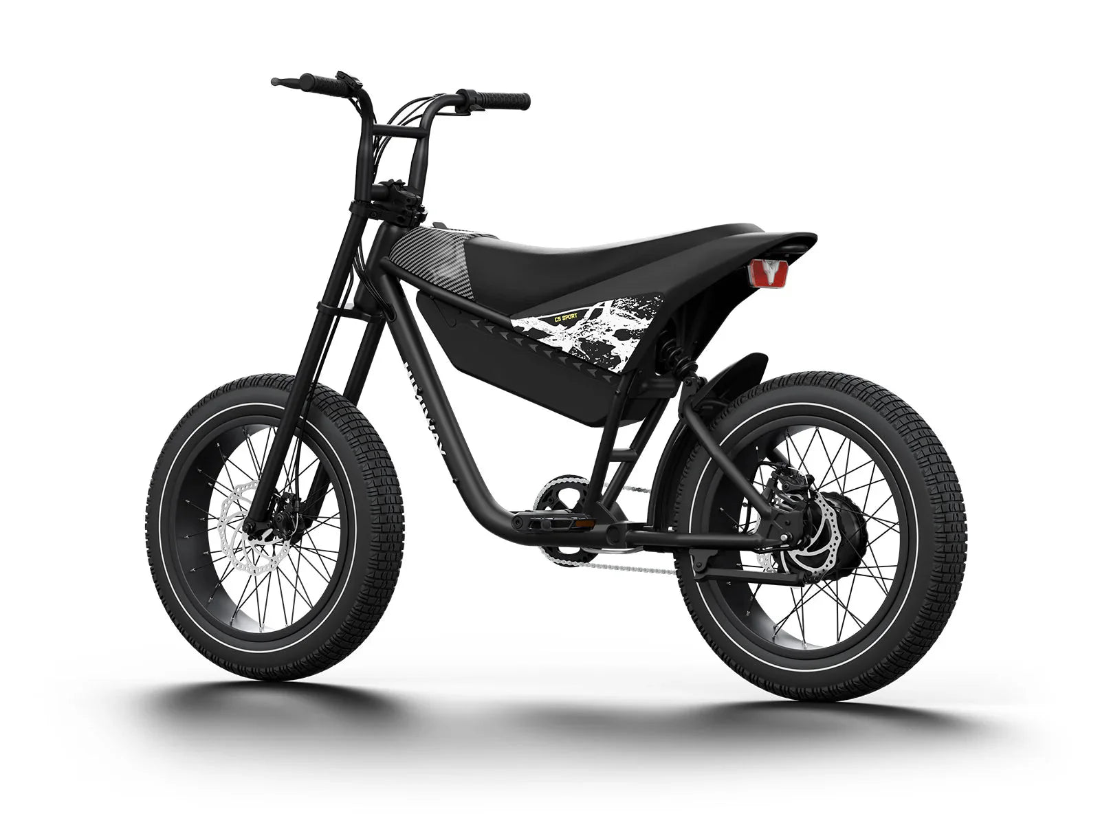White eMOTO HIMIWAY C5 Sport 750W step-over e-moto style electric bike with 20x4 fat tires, side view on white background