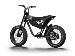 White eMOTO HIMIWAY C5 Sport 750W step-over e-moto style electric bike with 20x4 fat tires, side view on white background
