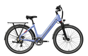 Purple MOKWHEEL Asphalt ST 500W step-thru urban electric beach cruiser eBike with 27.5x2.4 tires, side view