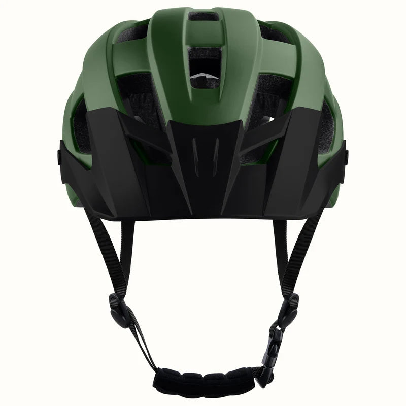 Matte forest green Retrospec Rowan mountain bike helmet for eBikes, side view, with adjustable straps and multiple ventilation holes