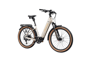 A Velotric Discover M eBike in a side view, showcasing its step-through frame, integrated battery, upright handlebars, and rear cargo rack, set against a plain background.